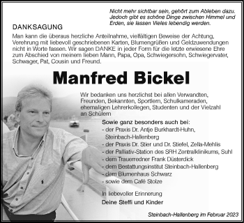 Traueranzeige von Manfred Bickel von Südthüringer Presse