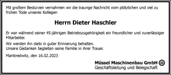 Traueranzeige von Dieter Haschler von Frankenpost