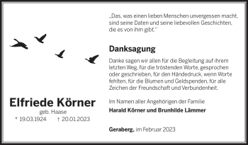 Traueranzeige von Elfriede Körner von Südthüringer Presse