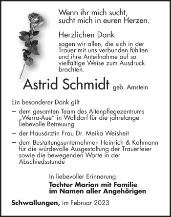 Traueranzeige von Astrid Schmidt von Südthüringer Presse