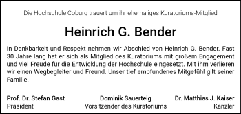 Traueranzeige von Heinrich G. Bender von Neue Presse Coburg