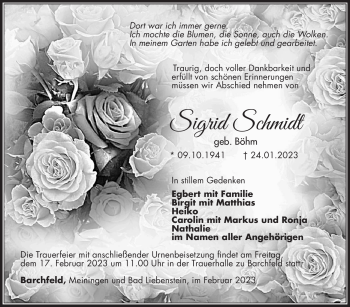 Traueranzeige von Sigrid Schmidt von Südthüringer Presse