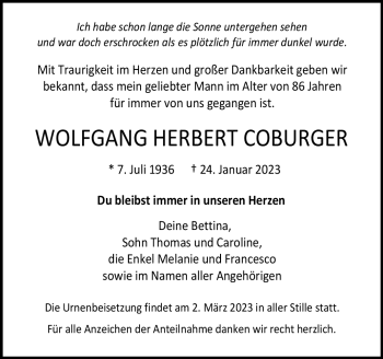 Traueranzeige von Wolfgang Coburger von Südthüringer Presse