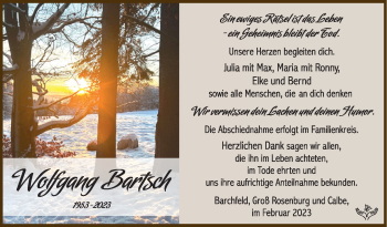 Traueranzeige von Wolfgang Bartsch von Südthüringer Presse