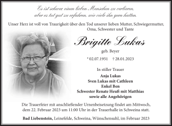 Traueranzeige von Brigitte Lukas von Südthüringer Presse