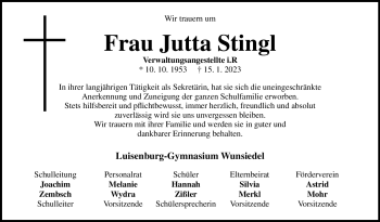 Traueranzeige von Jutta Stingl von Frankenpost