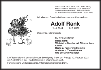 Traueranzeige von Adolf Rank von Frankenpost