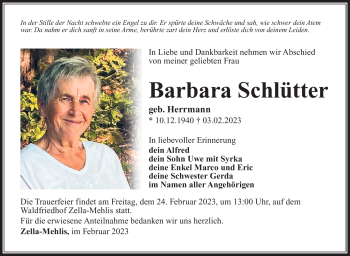 Traueranzeige von Barbara Schlütter von Südthüringer Presse