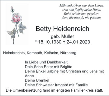 Traueranzeige von Betty Heidenreich von Frankenpost