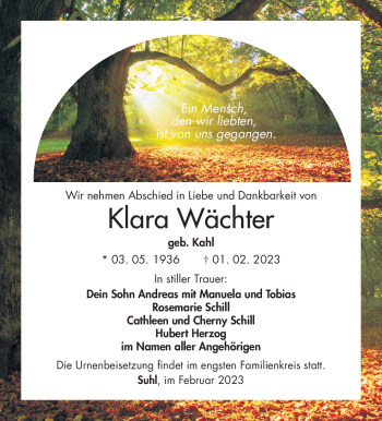 Traueranzeige von Klara Wächter von Südthüringer Presse
