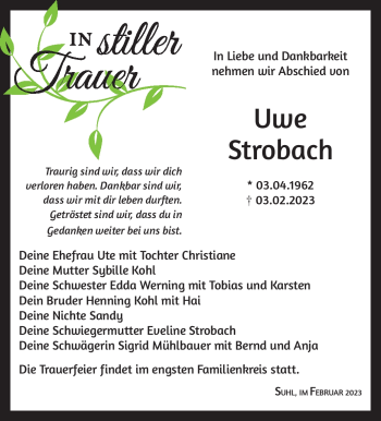 Traueranzeige von Uwe Strobach von Südthüringer Presse
