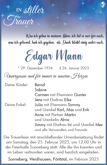 Traueranzeige von Edgar Mann von Südthüringer Presse