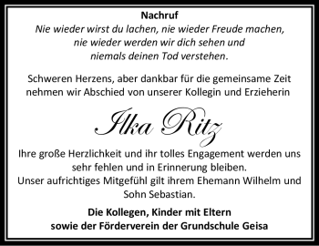 Traueranzeige von Ilka Ritz von Südthüringer Presse