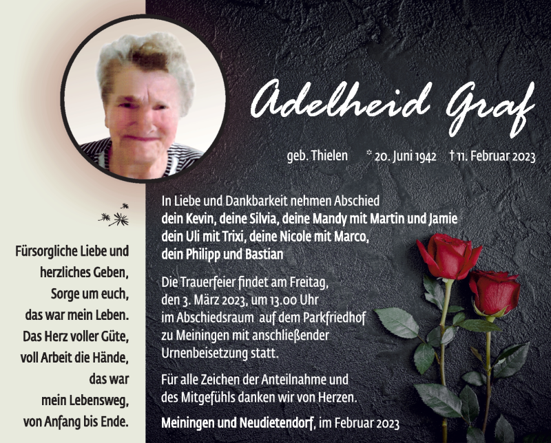  Traueranzeige für Adelheid Graf vom 22.02.2023 aus Südthüringer Presse