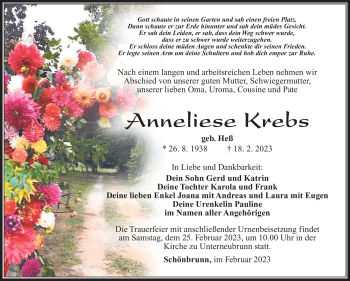 Traueranzeige von Anneliese Krebs von Südthüringer Presse