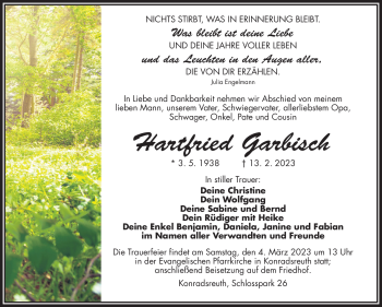 Traueranzeige von Hartfried Garbisch von Frankenpost