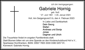 Traueranzeige von Gabriele Hornig von Frankenpost