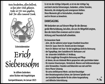 Traueranzeige von Erich Siebensohn von Südthüringer Presse