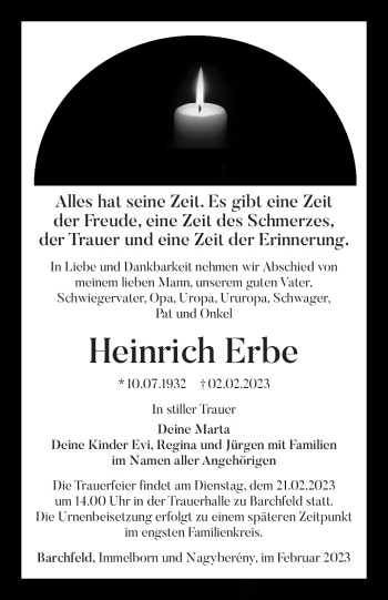 Traueranzeige von Heinrich Erbe von Südthüringer Presse
