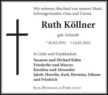 Traueranzeige von Ruth Köllner von Südthüringer Presse