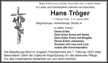 Traueranzeige von Hans Tröger von Frankenpost
