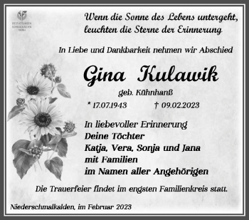 Traueranzeige von Gina Kulanwik von Südthüringer Presse