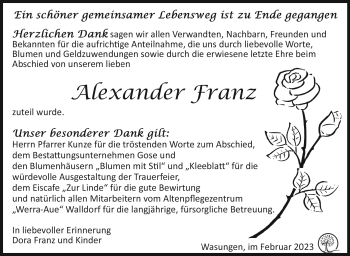 Traueranzeige von Alexander Franz von Südthüringer Presse