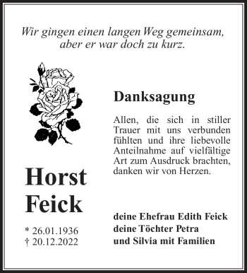 Traueranzeige von Horst Feick von Südthüringer Presse