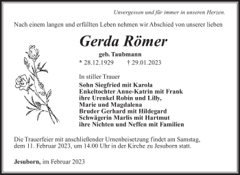 Traueranzeige von Gerda Römer von Südthüringer Presse