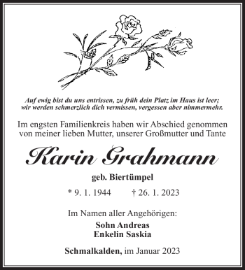 Traueranzeige von Karin Grahmann von Südthüringer Presse