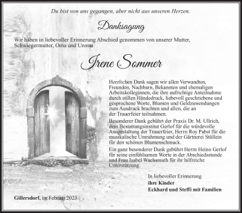 Traueranzeige von Irene Sommer von Südthüringer Presse