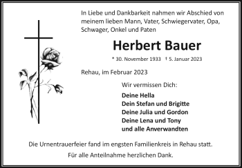 Traueranzeige von Herbert Bauer von Frankenpost