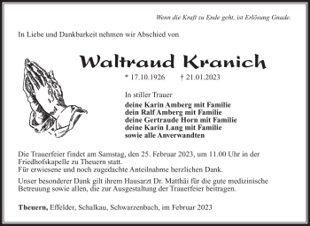 Traueranzeige von Waltraud Kranich von Südthüringer Presse