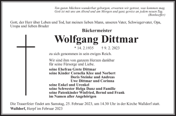 Traueranzeige von Wolfgang Dittmar von Südthüringer Presse