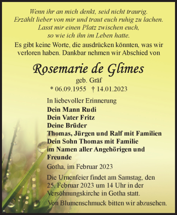 Traueranzeige von Rosemarie de Glimes von Südthüringer Presse