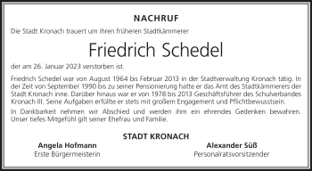 Traueranzeige von Friedrich Schedel von Neue Presse Coburg