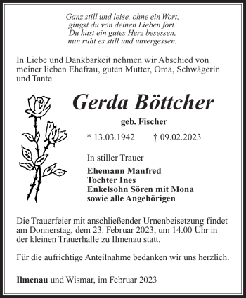 Traueranzeige von Gerda Böttcher von Südthüringer Presse