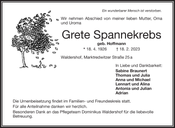 Traueranzeige von Grete Spannekrebs von Frankenpost