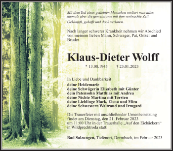 Traueranzeige von Klaus-Dieter Wolff von Südthüringer Presse