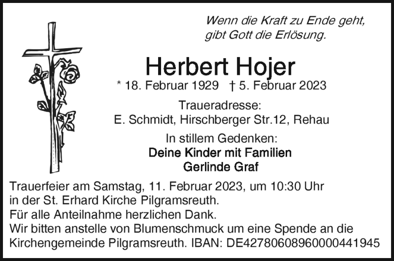  Traueranzeige für Herbert Hojer vom 09.02.2023 aus Frankenpost