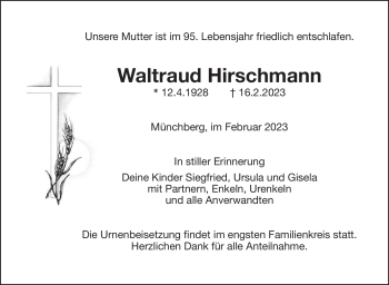 Traueranzeige von Waltraud Hirschmann von Frankenpost