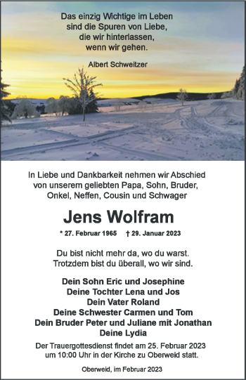 Traueranzeige von Jens Wolfram von Südthüringer Presse