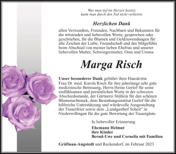 Traueranzeige von Marga Risch von Südthüringer Presse