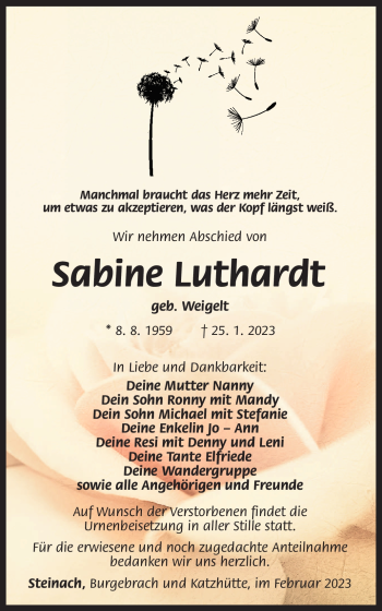 Traueranzeige von Sabine Luthardt von Südthüringer Presse