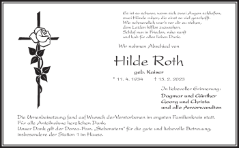 Traueranzeige von Hilde Roth von Frankenpost