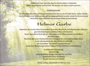 Traueranzeige von Helmar Garbe von Südthüringer Presse
