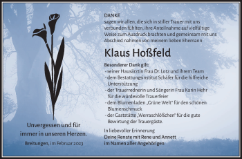 Traueranzeige von Klaus Hoßfeld von Südthüringer Presse