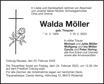 Traueranzeige von Walda Möller von Neue Presse Coburg
