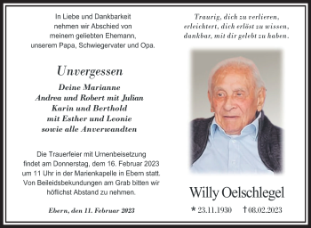 Traueranzeige von Willy Oelschlegel von Neue Presse Coburg
