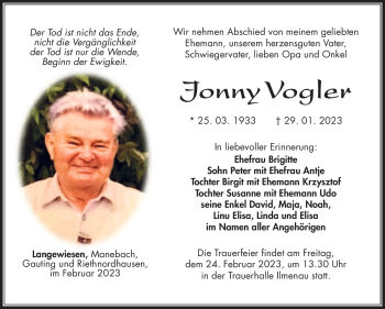 Traueranzeige von Jonny Vogler von Südthüringer Presse